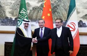 Wang Yi, director of China's Office of the Central Foreign Affairs Commission, Ali Shamkhani, secretary of Iran’s Supreme National Security Council, and Minister of State and national security adviser of Saudi Arabia Musaad bin Mohammed Al Aiban shake hands in Beijing in March 2023 - source: Reuters