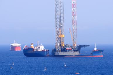 Ships and a drilling platform in the Aphrodite offshore gas field near Cyprus