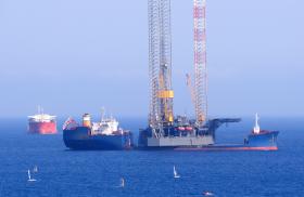 Ships and a drilling platform in the Aphrodite offshore gas field near Cyprus