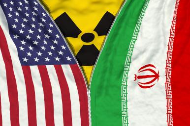 U.S. flag, nuclear symbol, Iranian flag